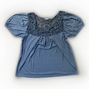 Isabella Rodriguez Women’s Size XL Blue Lace Yoke Short Sleeve Boho Top Blouse